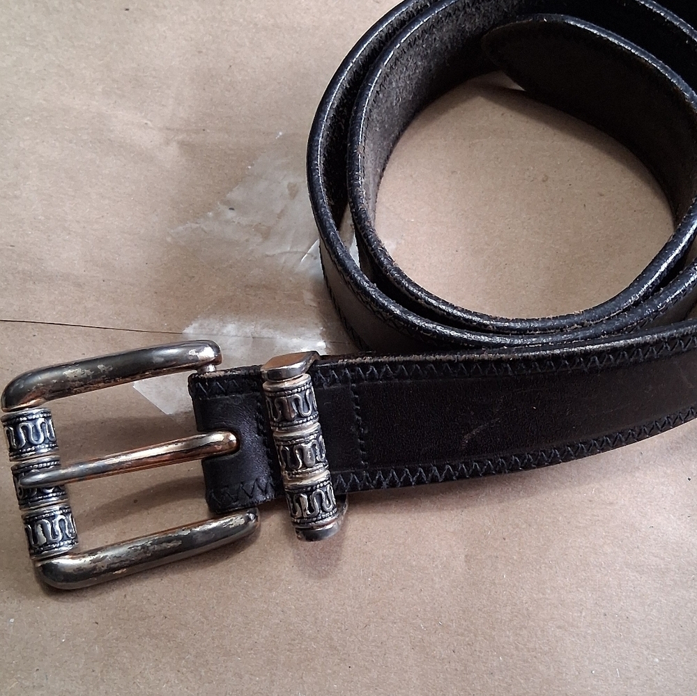 Men's 36" Black Leather Belt With Embellished Buckle